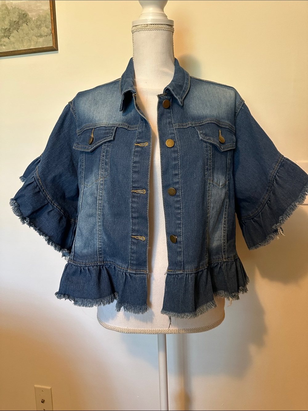 Source Unknown Blue Ruffle Denim JacketXL women’s never worn